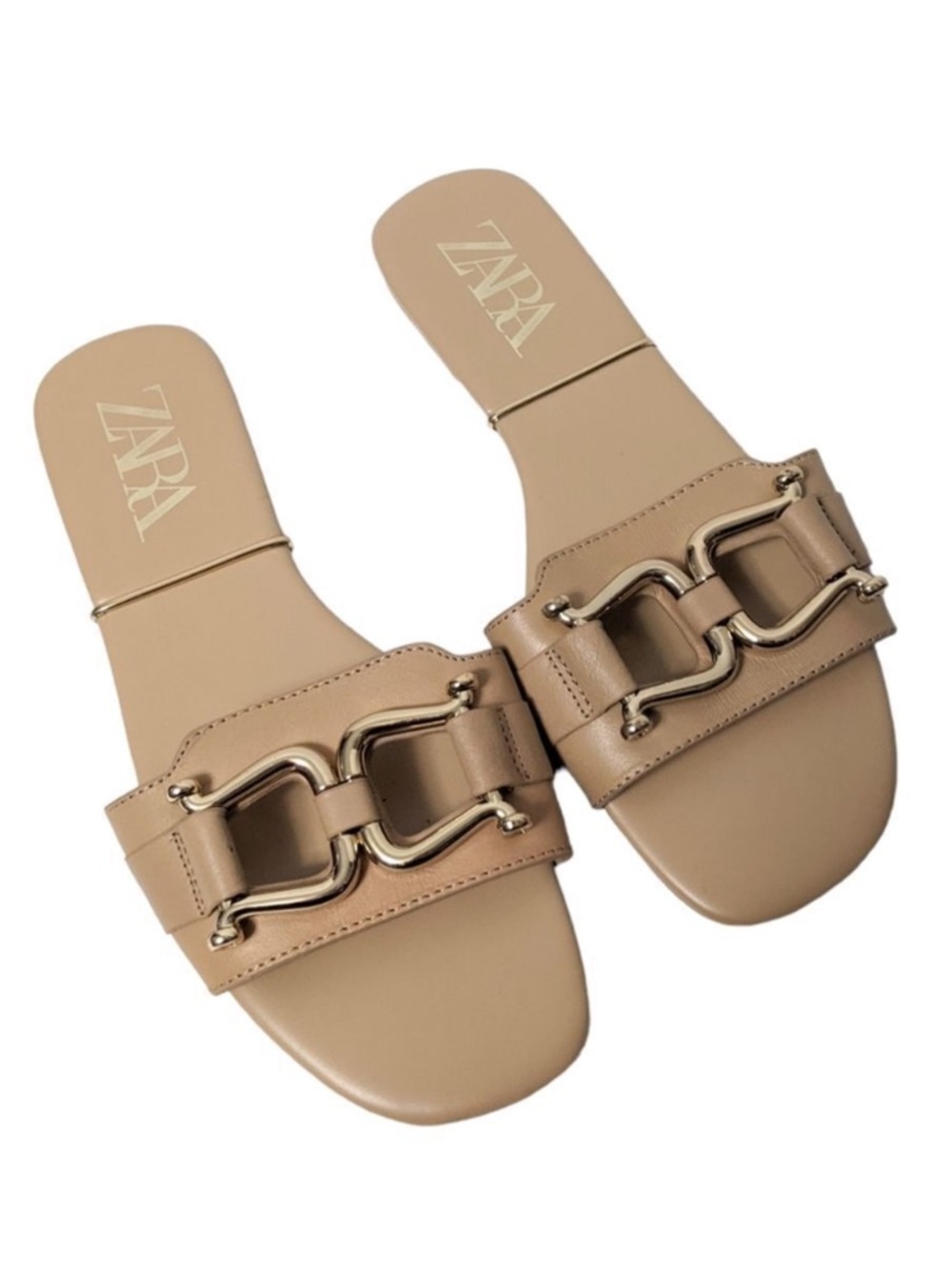 ZARA Leather Gold Saddle Hardware Flat Sandals 38